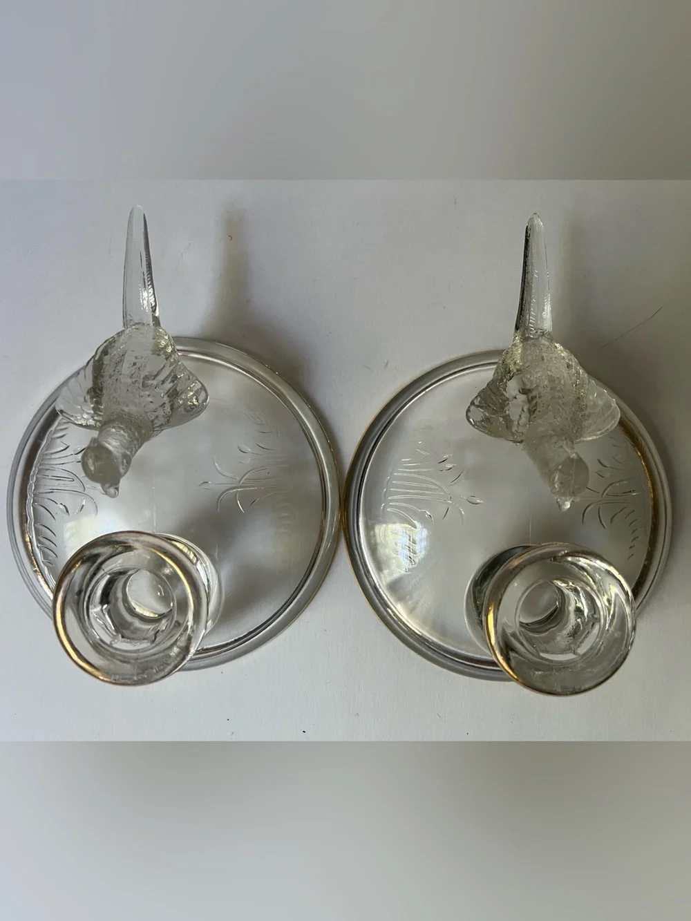 Clear Glass Bird Candle Holders with Gold Trim - Pair-by Jeanette Glass